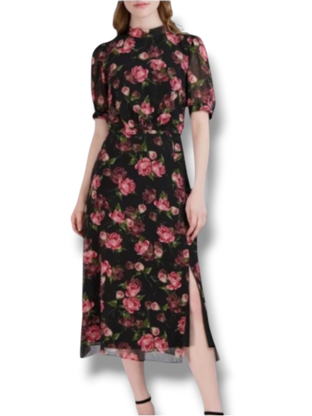 Julia Jordan Women’s Black Floral Print Puff Sleeve Midi Chiffon Dress
